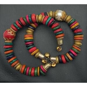 Vintage Lot Of 2 Colorful Boho Gold Tone And Wooden Beaded Stretch Cuff Bracelet